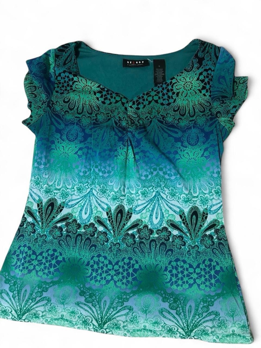 Axcess Teal & Turquoise Floral Lace-Print Short Sleeve Top